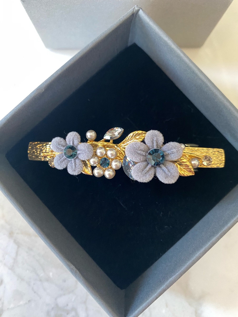 SHINE Floral Rhinestone & Velvet Hair Barrette | Gold-Tone French Clip Boxed